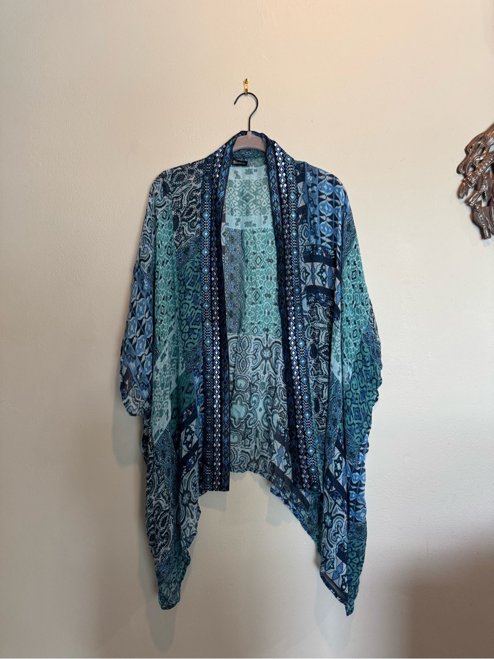 Teal and Navy Patterned Sheer Kimono/Swimsuit Coverup